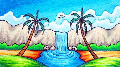 Waterfall Landscape Drawing Easy And Beautiful - bmp-central