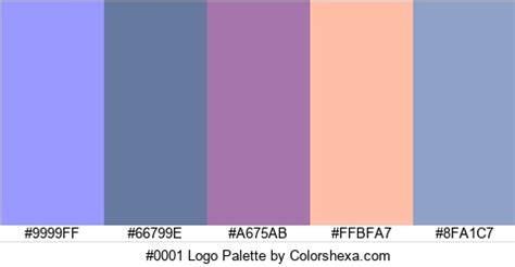 #0001 Logo Palette #9999FF #66799E #A675AB #FFBFA7 #8FA1C7 Hex