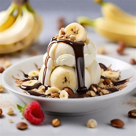 Premium AI Image | banana with ice cream with cream nuts and sugar crumbs AI