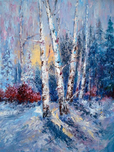 Winter Birch Trees Painting by Holly LaDue Ulrich