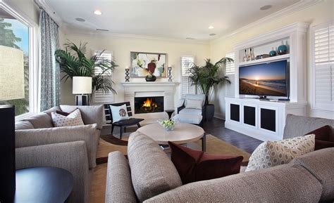 living room designs with fireplace and TV also decorative plant with curtain window as ...