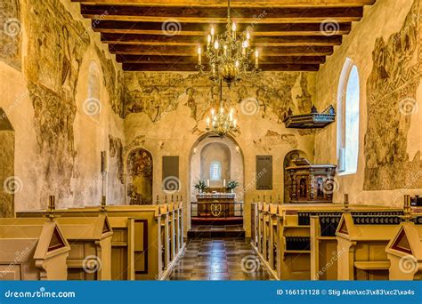 Interior of a Medieval Church with Flat Ceiling and Romanesque Murals ...