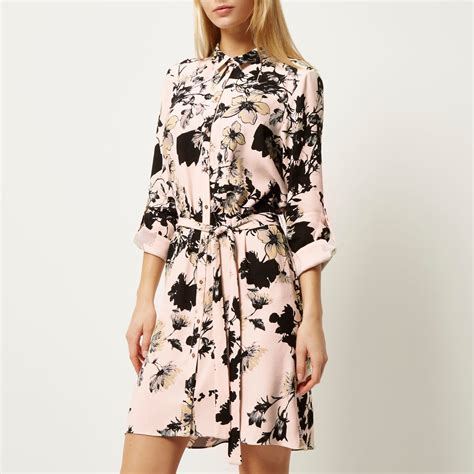 River Island Pink Floral Print Shirt Dress in Pink - Lyst