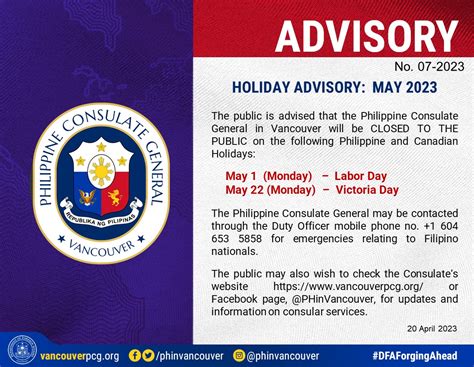 ADVISORY NO. 07-2023: Holiday Advisory - May 2023 - Vancouver Philippines Consulate General