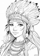 Young Woman With Native American headdress  Coloring sketch template