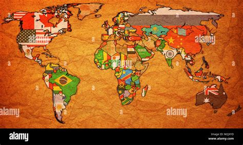 World Trade Organization member countries flags on world map with national borders Stock Photo ...