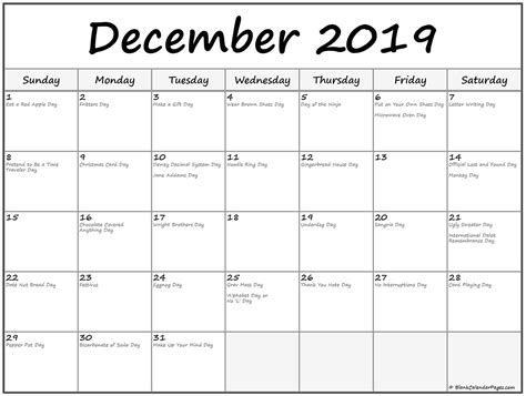 December 2019 calendar with holidays