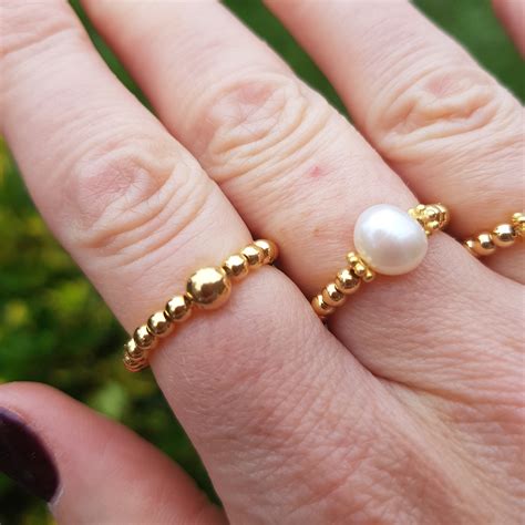 14K GOLD FILL STRETCH ring tiny 3mm Gold beaded ring bead ring stacking ...