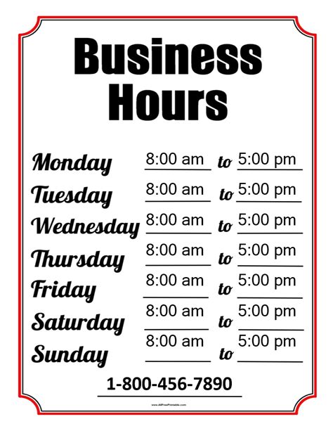 Free Printable Business Hours Sign Template - Printable Templates