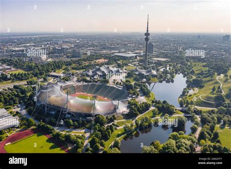 Aerial view, Olympic site, park with Olympic lake and television tower ...