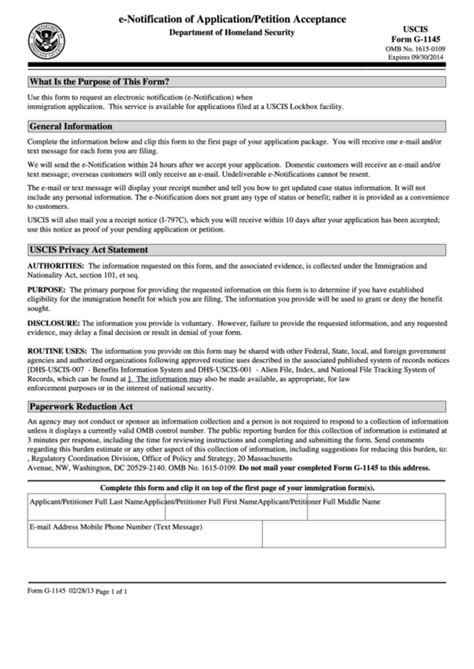 Fillable Uscis Form G-1145 - E-Notification Of Application/petition Acceptance printable pdf ...