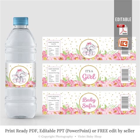 Editable Water Bottle Label, Elephant Girl Baby Shower Label Template, Printable B… | Water ...