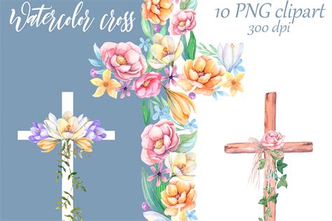 Floral cross watercolor clipart, Baptism clip art, Religious easter cl ...