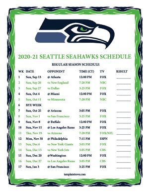 Printable 2020-2021 Seattle Seahawks Schedule