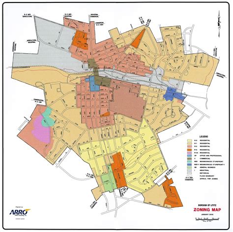 This image shows a map of zoning in an example city. Cities are zoned into different districts ...