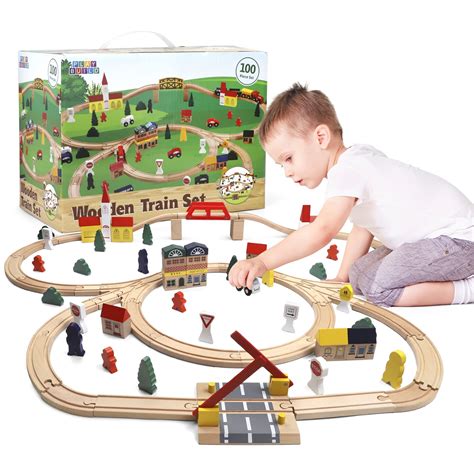 Buy Play BuildWooden Train Set For Kids - 100 Piece Complete Toddler ...