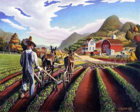 Cultivating The Peas folk art farm americana landscape oil painting ...