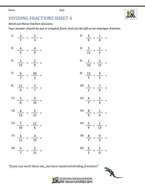 Dividing Fractions Worksheet