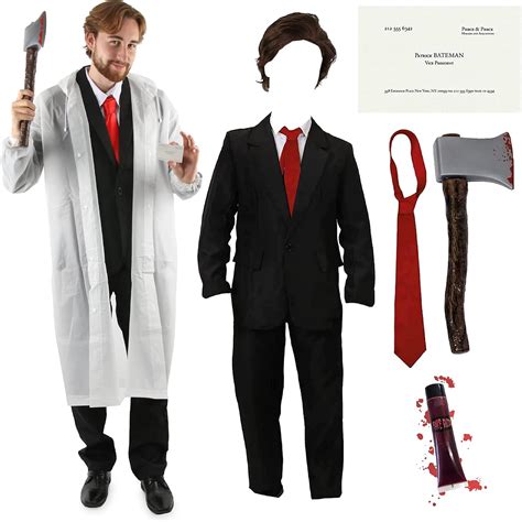 Adults Patrick Bateman Costume - Black Suit, Transparent Raincoat, Wig, Tie, Fake Axe, Business ...