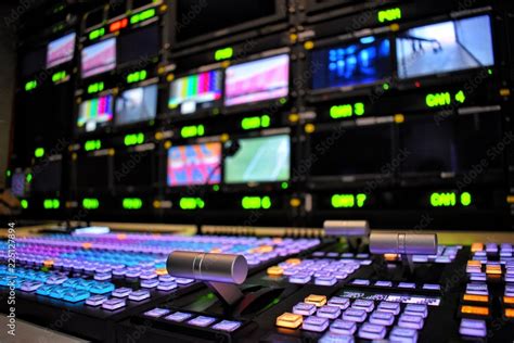 Equipment in outside broadcasting van. Stock Photo | Adobe Stock