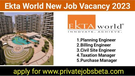 Ekta World New Job Vacancy 2023 : Civil, Planning, Billing Engineer Job ...