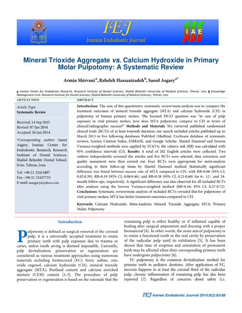 (PDF) Mineral Trioxide Aggregate vs. Calcium Hydroxide in Primary Molar Pulpotomy: A Systematic ...