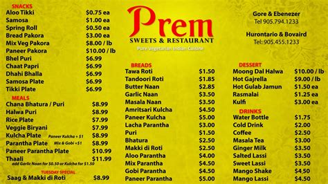 Menu – Prem Sweets & Restaurant