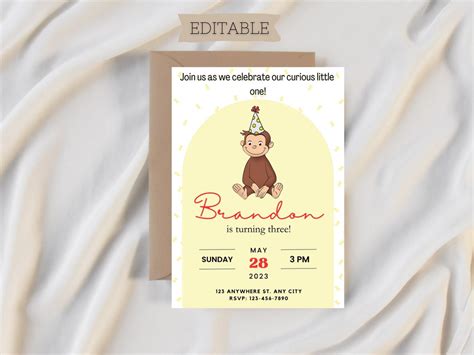 Curious George Birthday Invitation Template, Curious George Invitation, Monkey Editable ...