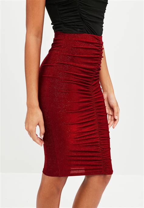 Lyst - Missguided Red Metallic Ruched Midi Skirt in Red