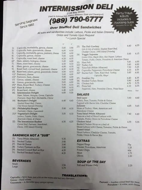 Menu at Intermission Deli restaurant, Saginaw