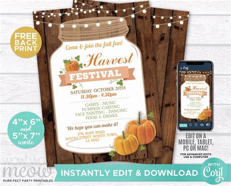 Fall Harvest Festival Invitations Party Event Jar Invite Printable ...