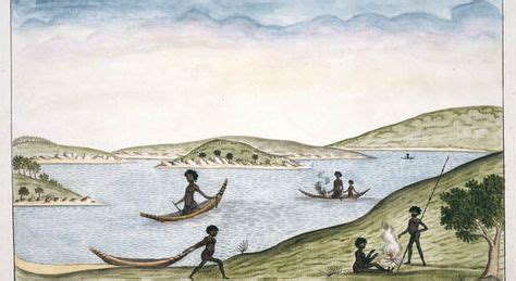 Local Aboriginal people in bark canoes on Sydney Harbour, depicted by the Port Jackoson painter ...