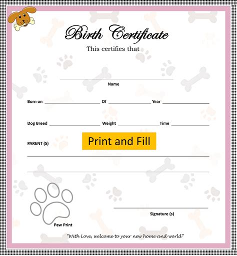 Dog Birth Certificate, Simple Efficient Novelty Birth Certificate, Puppy Birth Certificate ...