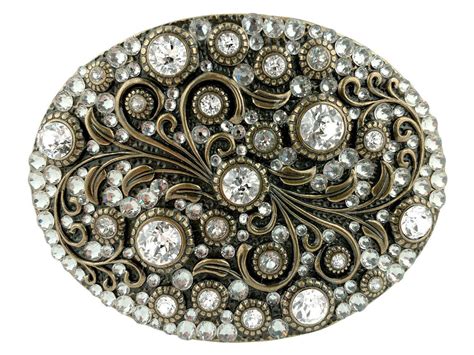 Rhinestone Crystal Belt Buckle Brass Oval Floral Engraved Buckle - Brass-Full Crystal - Belts.com