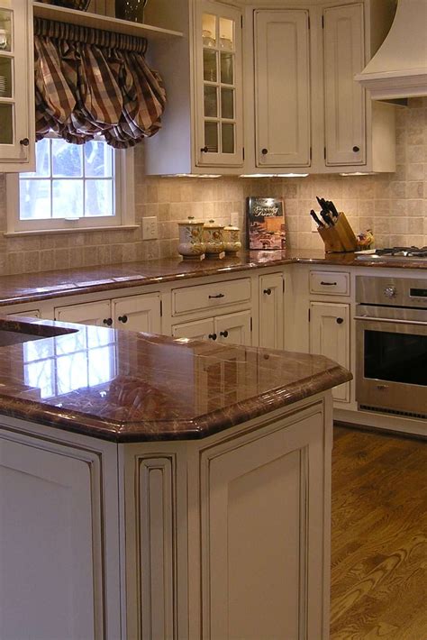 Majestic Brown Granite Countertop Glazed Cream Cabinet Travertine Backsplash Dark H… | Brown ...