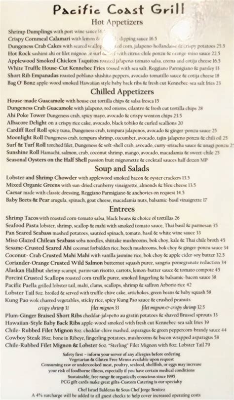 Menu at Pacific Coast Grill pub & bar, Encinitas