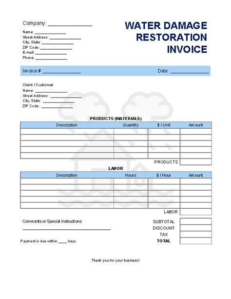 Water Damage Restoration invoice Template | Invoice Generator