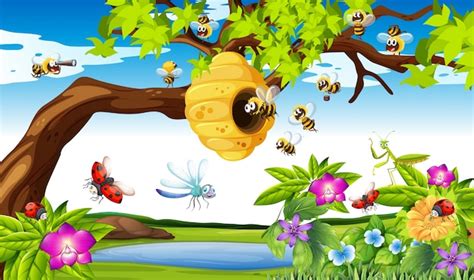 Free Vector | Bees flying around the tree in garden illustration