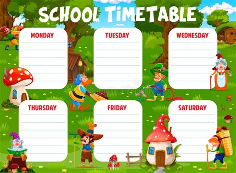 Timetable with Cartoon Gnome Characters at Village Stock Illustration ...