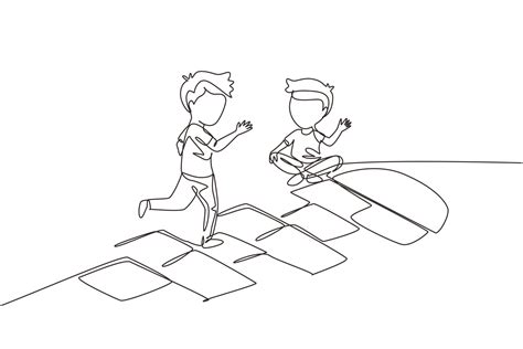 Single continuous line drawing two little boys playing hopscotch at kindergarten yard. Kids ...