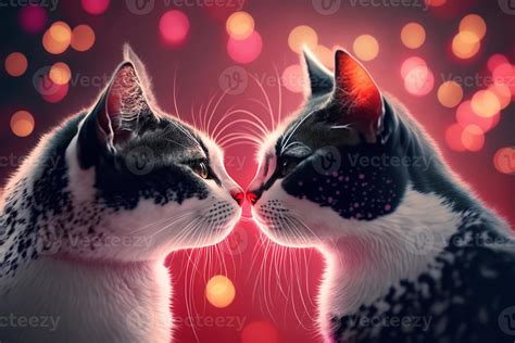 Two cats are kissing. Beautiful light, bokeh effect. Valentine's Day, love. Couple, relationship ...