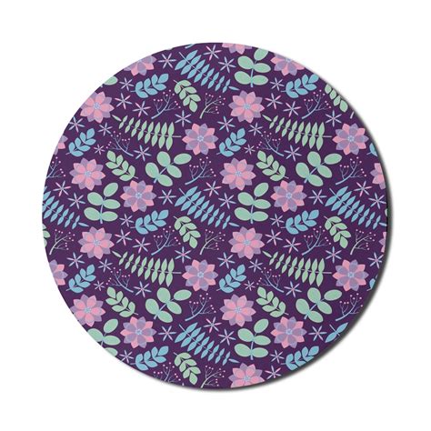 Floral Mouse Pad for Computers, Botanical Theme Flowers and Various Leaves Pattern, Round Non ...