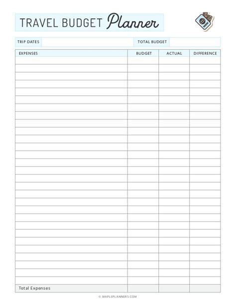 Free Printable Travel Budget Planner Template