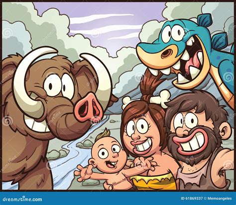 Caveman Family Hunter Muscular Man Cartoon Character Emotions Vector Illustration ...