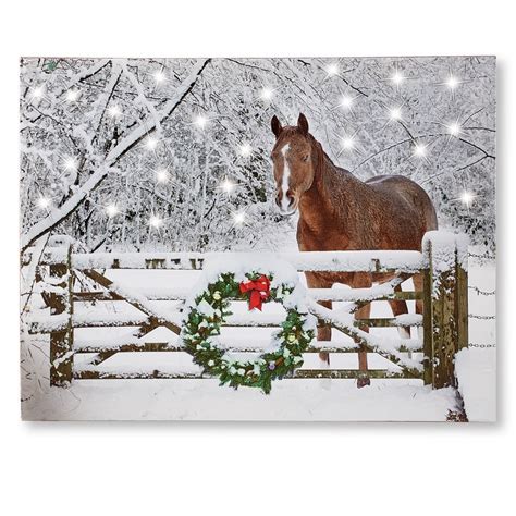 Lighted Holiday Horse Canvas Wall Art - Snowy Farm with Wreath Accent ...