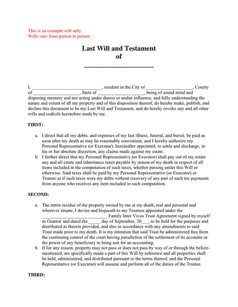 Last Will and Testament Sample in Word and Pdf formats