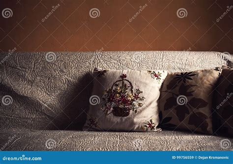 Decorative Pillows on Old Couch Stock Image - Image of domestic, seat: 99756559