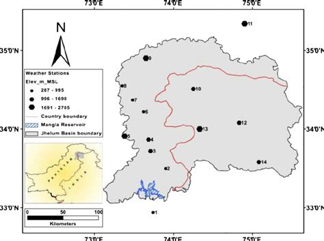 Location map of the Jhelum River basin and the weather stations used in ...