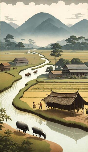 Premium AI Image | there is a painting of a rural scene with a river ...