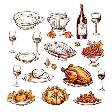 Set Of Hand Drawn Elements For Thanksgiving Dinner, Turkey Dinner, Thanksgiving Food ...